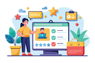 Fototapeta premium A woman showcases a customizable online review template with digital ratings and feedback options, Online review Customizable Semi Flat Illustration