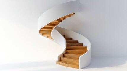 Naklejka premium A Scandinavian-inspired spiral staircase with light wood treads and a curved white balustrade