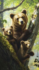 Obraz premium Cute baby bears with mother on tree image