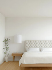 Minimalist bedroom with tufted headboard and natural elements for a calming atmosphere