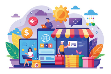 Fototapeta premium This graphic illustrates a vibrant online shopping environment with diverse digital interfaces and shopping activities, Online shop b2b trending
