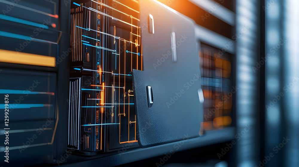 Poster close up view of server rack with illuminated circuits and technology infrastructure
