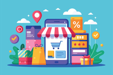 Obraz premium Mobile shopping experience with various online stores represented in a colorful flat design, Online shop on a phone flat style, various shops, discounts, purchase of goods and gifts
