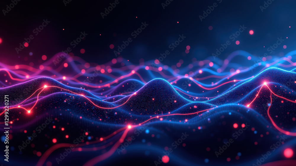 Aufkleber modern digital technology concept with abstract network of dots and lines flowing through space, sym