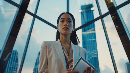 A confident and stylish young businesswoman standing in a modern high-rise office with large glass windows, holding a digital tablet. She exudes professionalism and leadership.