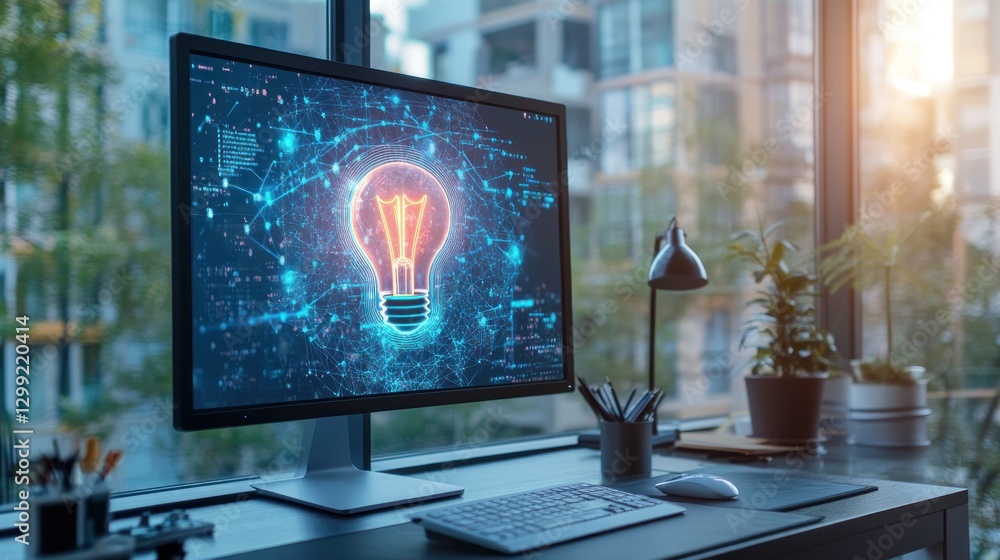 Poster glowing idea on office computer screen