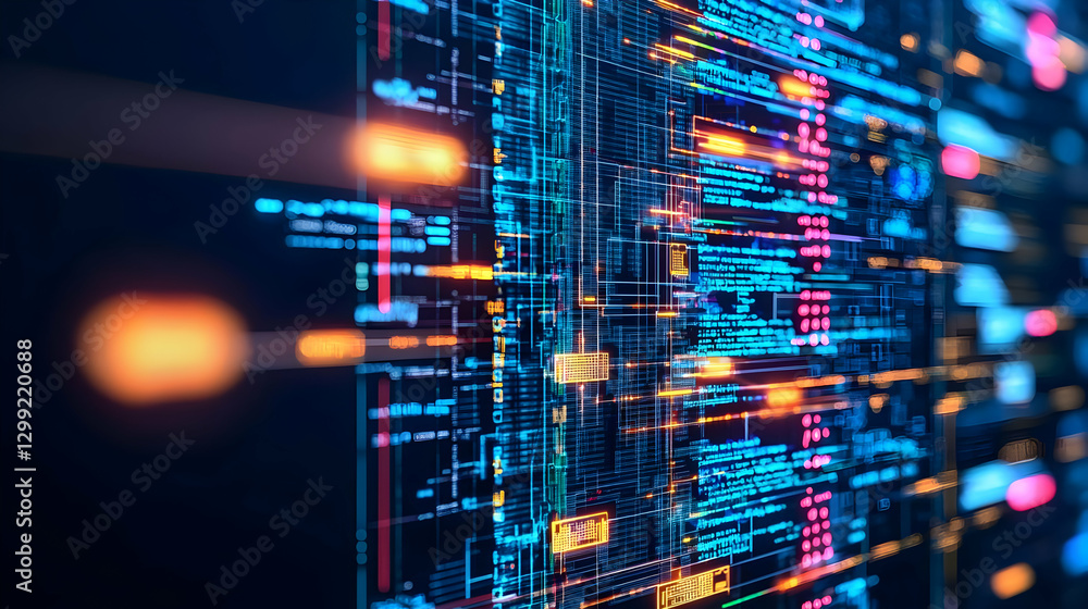 Poster abstract digital data code with blue and orange lines against black background with light streaks