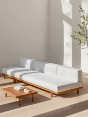 Modern living room with minimalist white sofa and wooden coffee table in bright space