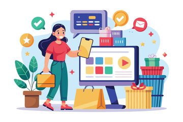 Fototapeta premium A person engages in online shopping using a smartphone, surrounded by colorful shopping bags and gifts, Online shopping Customizable Disproportionate Illustration