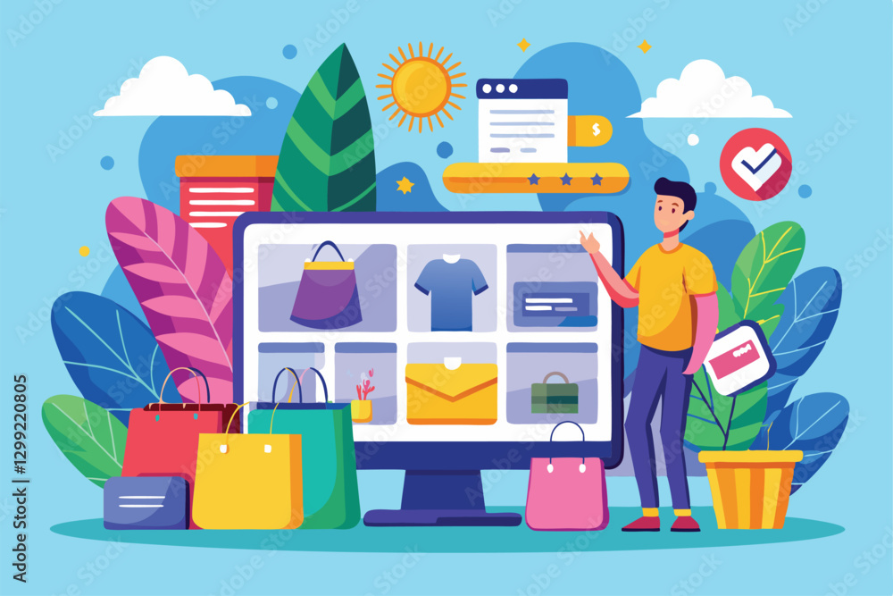 Poster a person interacts with a computer showing an online shopping platform filled with colorful products