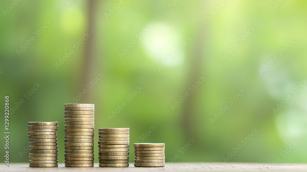 Aufkleber stack of coins diminishing in size on table against bokeh green background