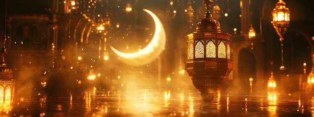 Islamic lantern, crescent moon, and mosque background
