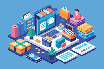 Obraz premium This illustration showcases a lively online shopping environment with customizable features and products, Online shopping Customizable Isometric Illustration