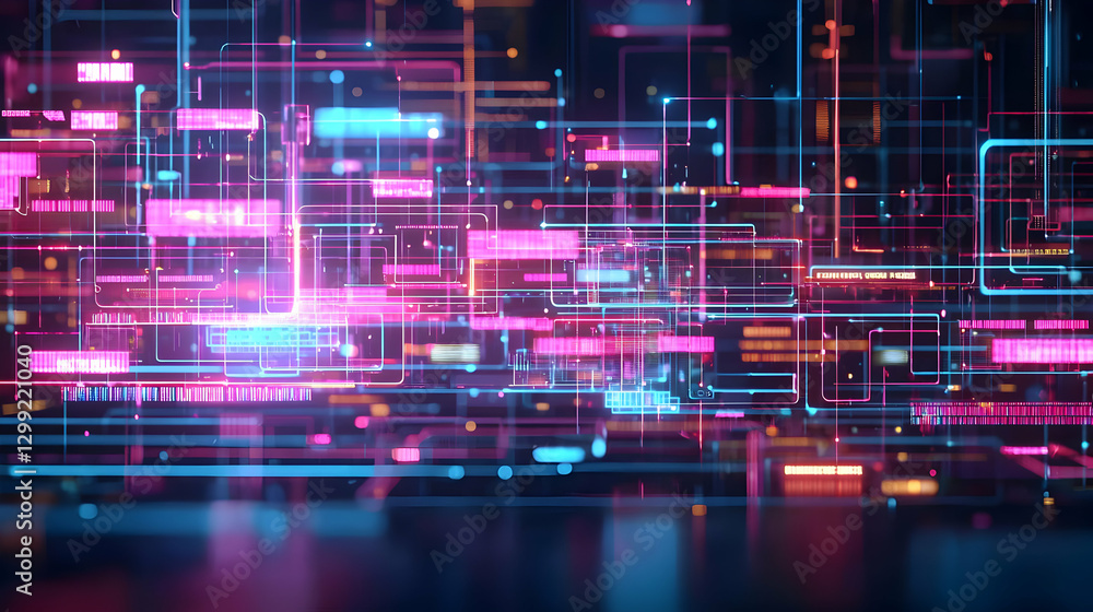 Poster abstract digital network with blue and pink circuit lines illuminating a technological system