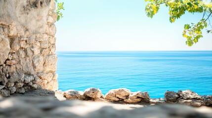 Architectural ruins near a rocky cliff with a view of azure sea, atmospheric lighting,