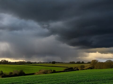 Dark storm clouds gathering over green fields and farmland