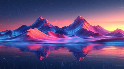 Fototapeta premium Vibrant sunset over neon mountains reflecting in tranquil waters