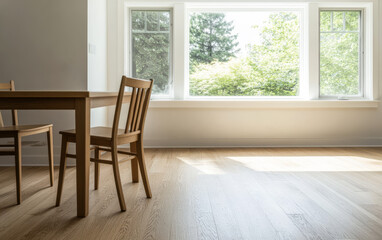 Fototapeta premium Bright and airy interior of a modern kitchen with wooden furniture and large window view