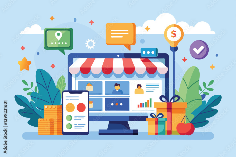 Poster promotional features boost online shop strategy with vibrant graphics and user-friendly design to in