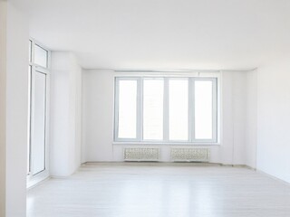 Empty living room with white walls and laminate floor