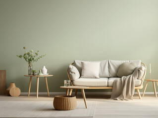 Spring minimalist japandi and wabi sabi inspired modern living room interior with sage walls, light color couch, minimalist decor in sage color