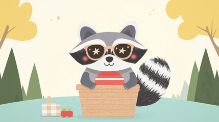 Cute cartoon raccoon in sunglasses relaxing outdoors with picnic basket in sunny park