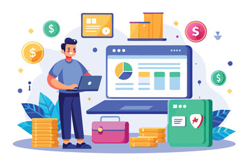 A person is using a laptop to oversee customizable online transactions with various financial visuals, Online transactions Customizable Semi Flat Illustration