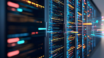 Naklejka premium Data Servers And Network Infrastructure With Blue And Orange Light Effects