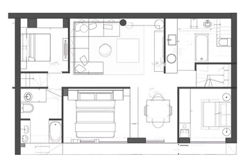 a floor map of a house with bedrooms, kitchen, living room, bathrooms, balconies and other house corners.