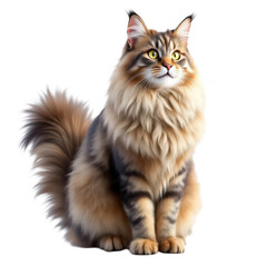 Majestic Maine Coon Cat, Brown Tabby, Fluffy Fur, isolated on transparent background.