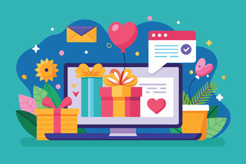 Obraz premium A computer displays vibrant customizable wishes, featuring gifts, flowers, and festive elements, Online wishes Customizable Flat Illustration