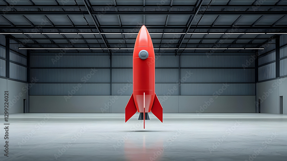 Poster red pixelated rocket hovering in an industrial warehouse with metallic structure and empty grey conc