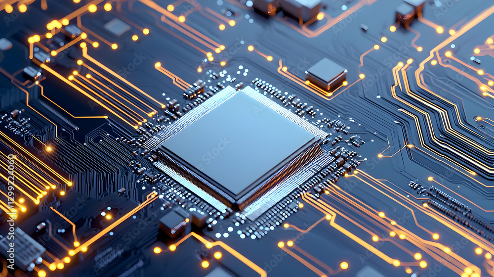 Poster close up of a modern computer processor chip on a printed circuit board with blue and orange illumin