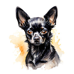 Chihuahua Black Watercolor  Painting Illustration Portrait Isolated 