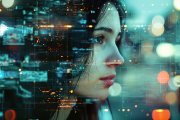Overlay of Multiple Images Showing a Woman Interacting with Technology.