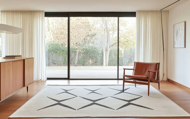 Fototapeta premium Modern lounge area featuring natural light and minimalist decor in a stylish home