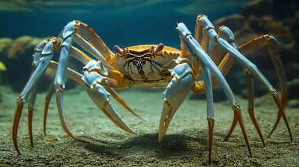 Massive Japanese Spider Crab walking along the ocean floor its impossibly long legs stretching outward spindly frame casting eerie shadows in the murky water