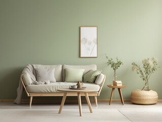 Spring minimalist japandi and wabi sabi inspired modern living room interior with sage walls, light color couch, minimalist decor in sage color