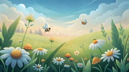 Obraz premium Sunny Meadow with Bees and Daisies