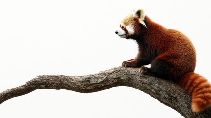 A side view of a red panda perched on a tree branch, isolated on a white background.