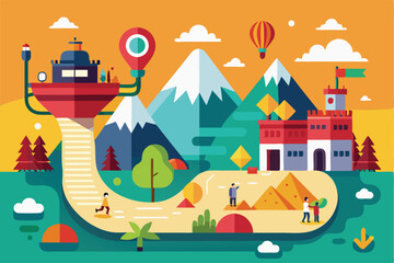 Explore a lively illustration showcasing a colorful journey through mountains with diverse park activities, On the way Customizable Flat Illustration