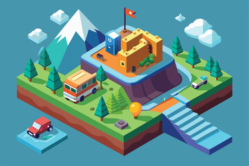 A vibrant isometric landscape featuring a fortress, vehicles, lush trees, and mountains under a clear sky, On the way Customizable Isometric Illustration