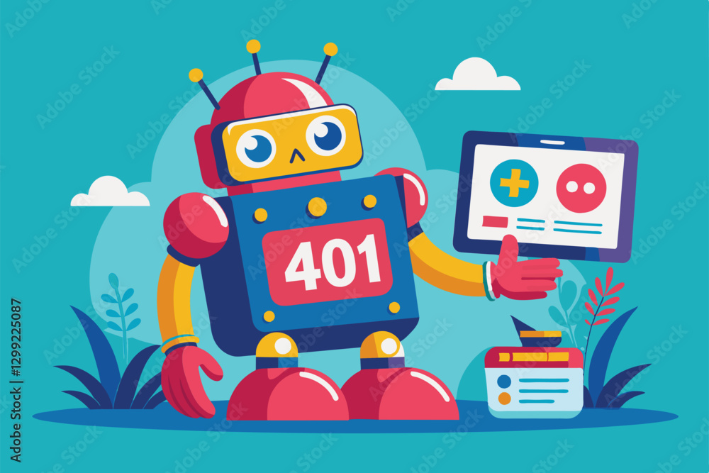 Poster a quirky robot displays a 401 error message on a tablet in a bright, playful environment, oops! 404 