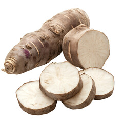 Fresh organic jicama root whole and sliced isolated transparent background