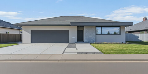 Fototapeta premium Modern single-story house featuring minimalistic design and clean lines in a suburban neighborhood