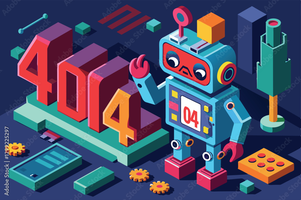 Poster a humorous robot stands next to a large error sign, set in a vibrant and colorful digital environmen