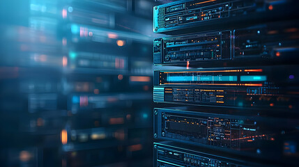 Modern Data Server Rack with Blue and Orange Lights in Data Center