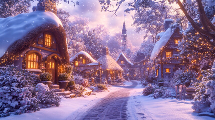 An enchanting snowy village, with charming thatched-roof cottages and warmly glowing windows, creates a cozy, magical atmosphere as it sparkles under a blanket of fresh, glistening snow