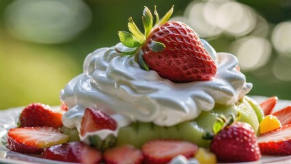A delicious dessert featuring a large, ripe strawberry atop a generous swirl of whipped cream, surrounded by sliced strawberries and other fruits, creating a visually appealing and appetizing treat