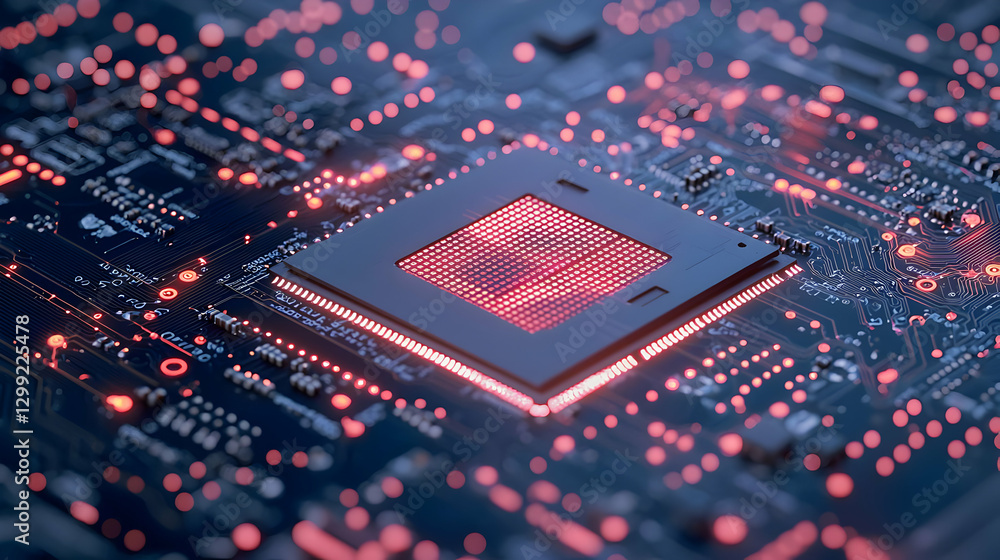 Poster close up of red glowing microchip and circuit board representing technological innovation